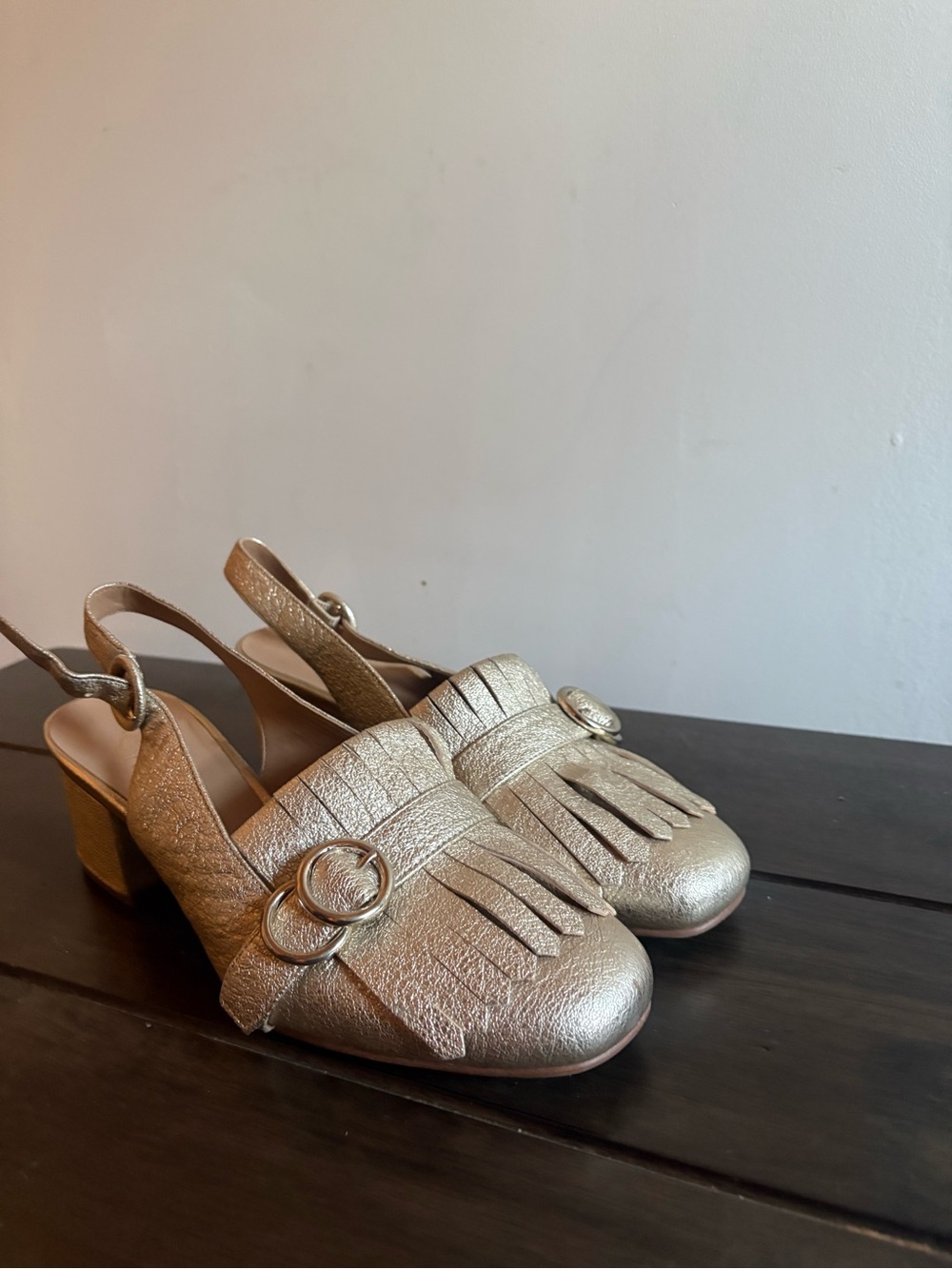 Franco Sarto Metallic Gold Fringe Slingback Loafers